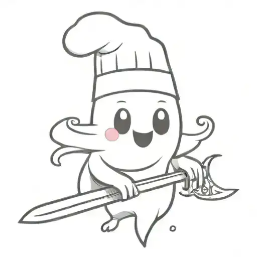 Cute ghost with a chef hat and a knife tattoo design idea