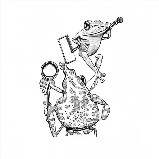 a frog and a man holding a magnifying glass tattoo design idea