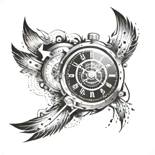 Integrate a speedometer dial morphing into a digital clock face, blending the concepts of velocity and time in a unique way tattoo design idea