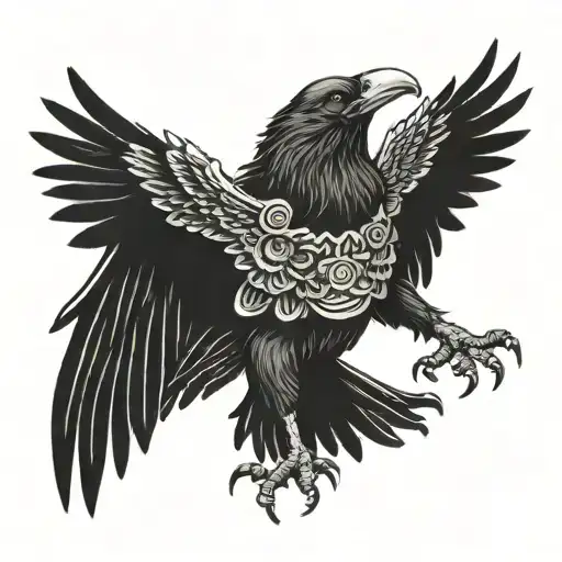 screaming crow holding japanese style one red cloud,wings down tattoo design idea