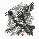 black screaming crow scary holding japanese style  one red cloud tattoo design idea