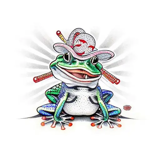 Blackwork Frog Fishing With Fishing Pole On A Tattoo Idea