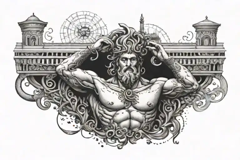 An intricate sleeve tattoo featuring Greek mythology intertwined with civil engineering tools tattoo design idea