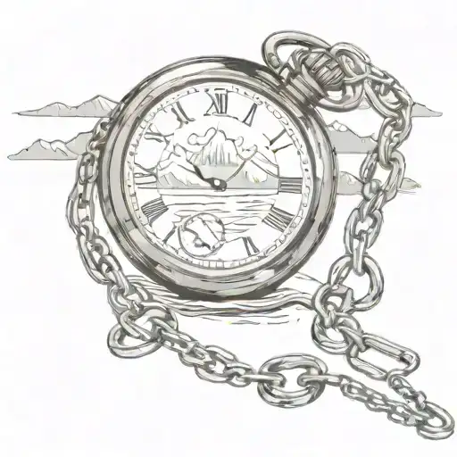 Pocket watch with chains over the sea and mountains tattoo design idea