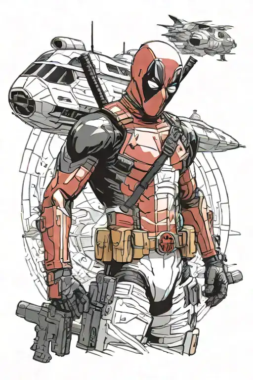 deadpool in a stormtrooper outfit standing in front of the serenity spaceship  tattoo design idea