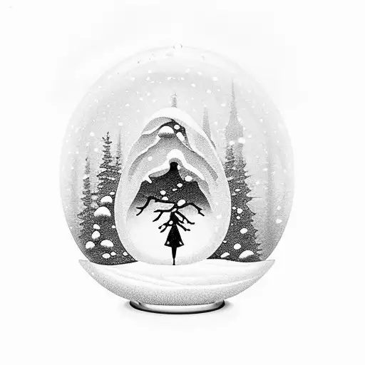 a snow globe with a silhouette of a woman walking through snow through trees ane the words oh ms believer tattoo design idea