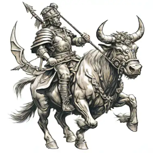 A Roman warrior riding a bull holds an arrow in her hand tattoo design idea