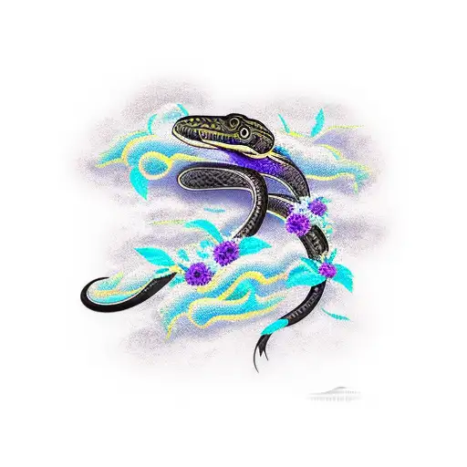 a black snake tattoo on the arm surrounded by purple blossoms and turquoise feathers tattoo design idea