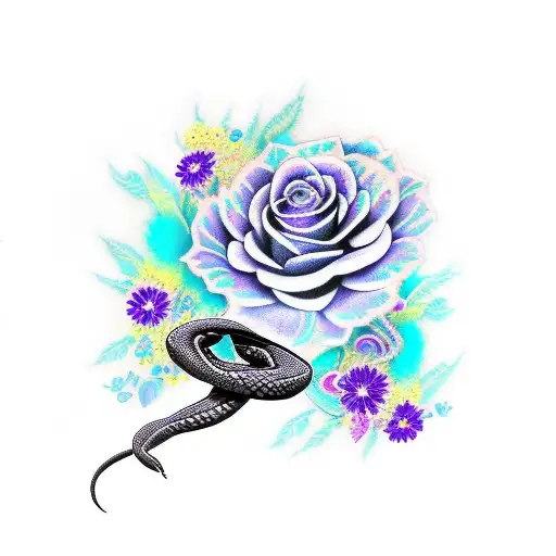 a black snake tattoo on the arm surrounded by purple blossoms and turquoise feathers tattoo design idea