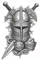 Medieval long sword standing upright on a machine gear, flanked by a Roman war helmet and a modern motorcycle helmet tattoo design idea
