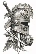 Medieval long sword standing upright on a machine gear, flanked by a Roman war helmet and a modern motorcycle helmet tattoo design idea
