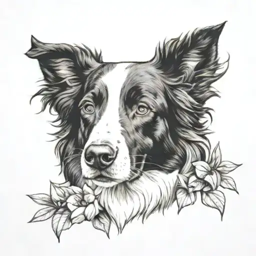 2 border collie dog busts surrounded by rhodedendrons tattoo design idea