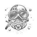Create a shoulder-to-hand tattoo concept featuring a scuba diver as the central figure. Inside the diver's mask, depict  tattoo design idea