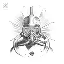 Create a shoulder-to-hand tattoo concept featuring a scuba diver as the central figure. Inside the diver's mask, depict  tattoo design idea