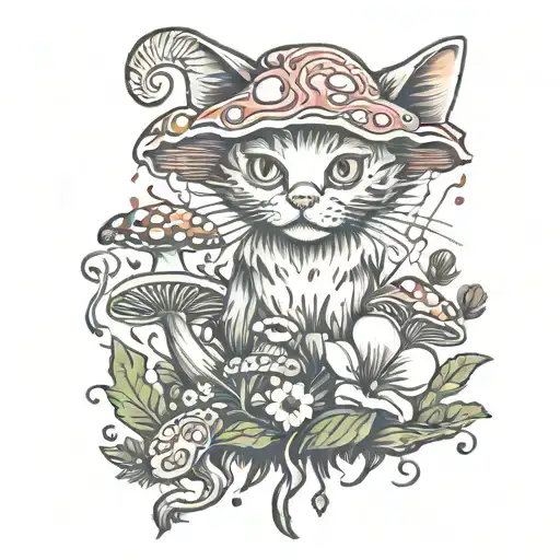 fire RedCrazyCat with mushrooms  tattoo design idea