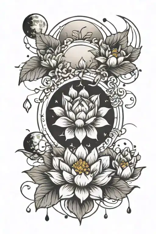moon phases with lotus flower tattoo design idea
