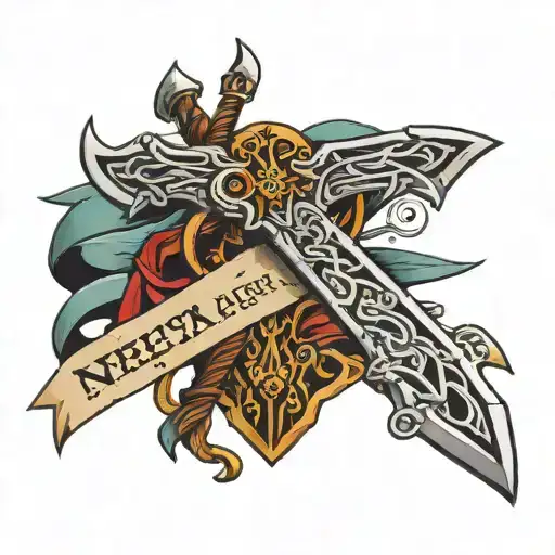 Nesta Acheron sword with Valkyrie ribbon around it that said the quote about rocks against the surf tattoo design idea