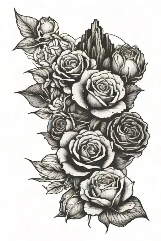 ocean, mountain, and desert landscapes with 3 roses intertwined tattoo design idea