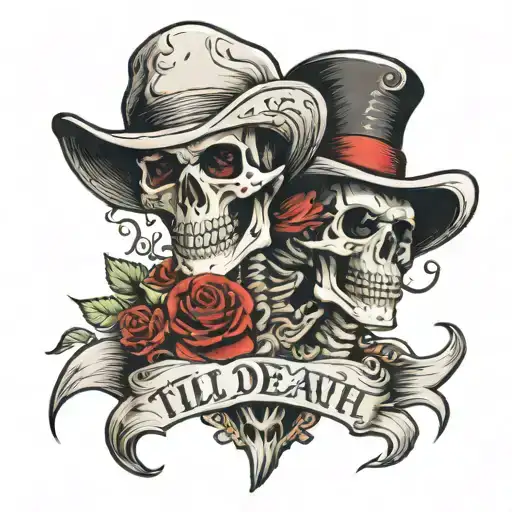 skeleton with "Till  Death Do Us Part"   tattoo design idea