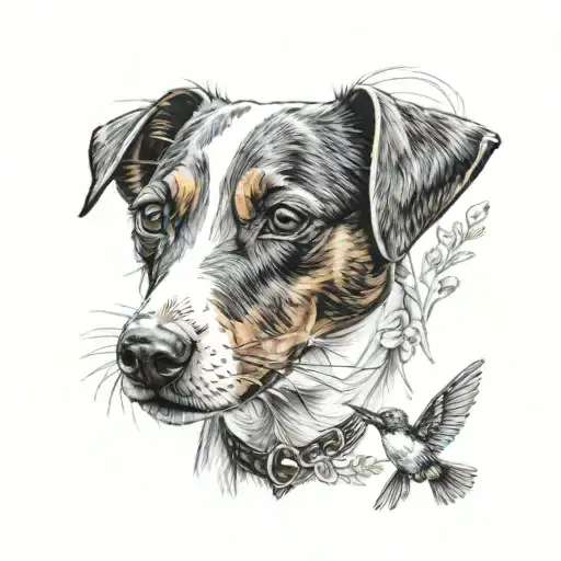 jack Russel terrier with hummingbird on nose tattoo design idea