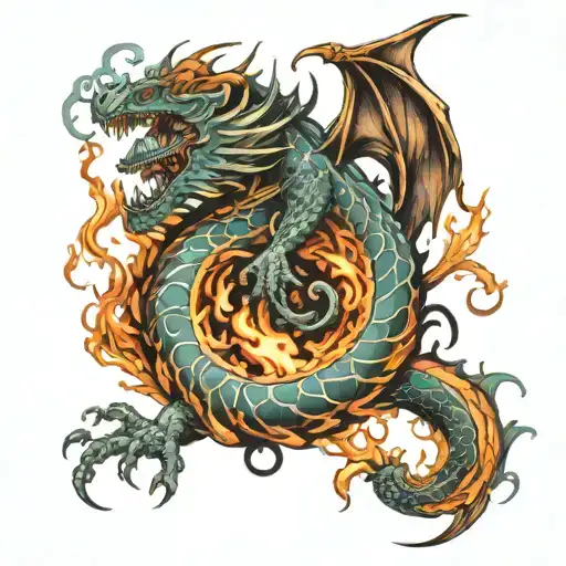 elements of water, fire, smoke forning a dragon tattoo design idea