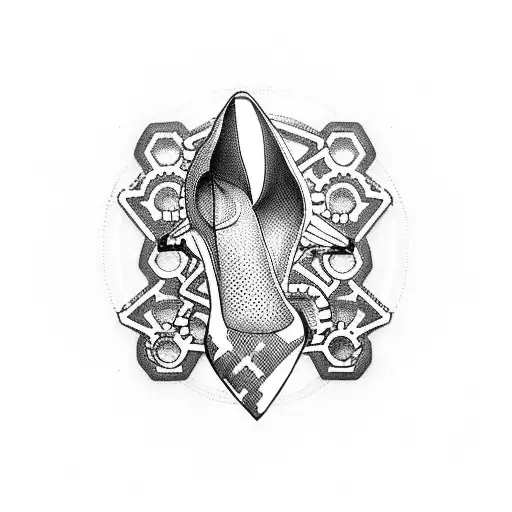 A dotwork tattoo of a latex-clad woman's legs in high heels, with gears and mechanical elements incorporated tattoo design idea