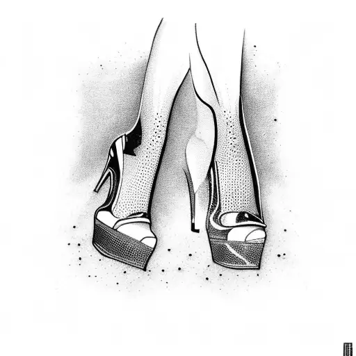 A dotwork tattoo of a latex-clad woman's legs in high heels, with shiny elements incorporated tattoo design idea
