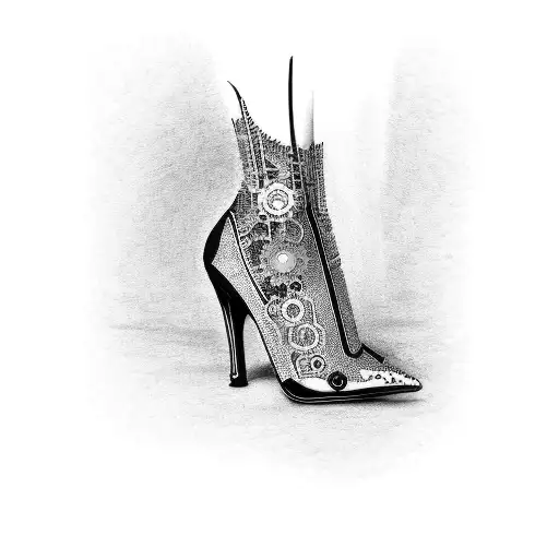 A dotwork tattoo of a latex-clad woman's legs in high heels, with gears and mechanical elements incorporated tattoo design idea
