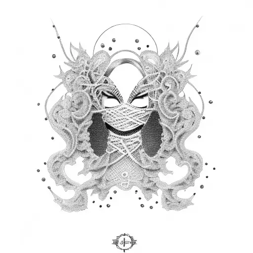 A dotwork tattoo of a fetish-inspired latex outfit, with intricate lace and buckle details tattoo design idea