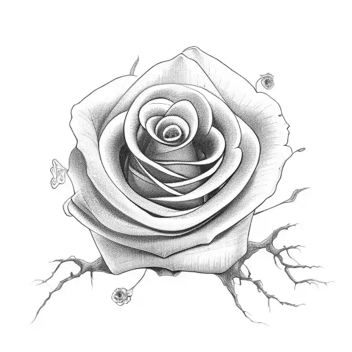 A detailed black and grey tattoo of a black rose growing from a human heart damaged by poison, with the stem and heart inside a poison bottle and the dead flower outside the bottle tattoo design idea