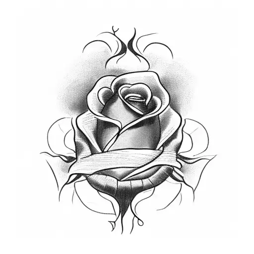 A blackwork design featuring a black rose growing from a human heart damaged by poison, with the stem and heart enclosed in a poison bottle and the dead flower outside the bottle tattoo design idea