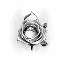 A blackwork design featuring a black rose growing from a human heart damaged by poison, with the stem and heart enclosed in a poison bottle and the dead flower outside the bottle tattoo design idea
