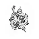 A blackwork design featuring a black rose growing from a human heart damaged by poison, with the stem and heart enclosed in a poison bottle and the dead flower outside the bottle tattoo design idea
