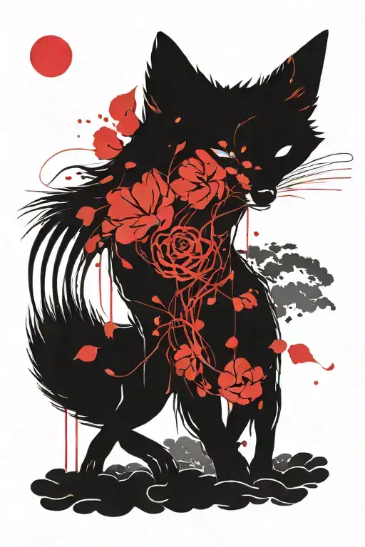 a fox with part of its skeleton visible wrapped in a red thread under the moon and sakura petals tattoo design idea