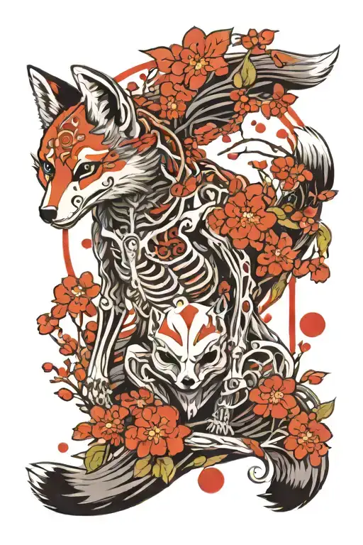 Skeleton and fox with red thread around it under the moon and sakura petals tattoo design idea