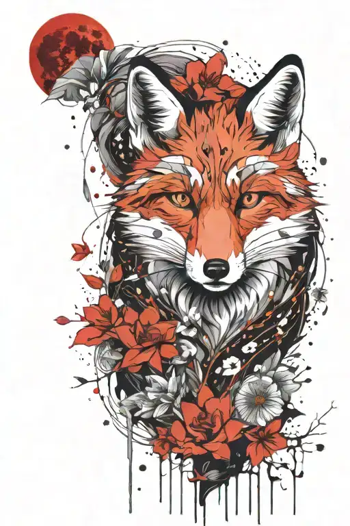 a fox with part of its skeleton visible wrapped in a red thread under the moon and sakura petals tattoo design idea