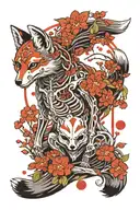Skeleton and fox with red thread around it under the moon and sakura petals tattoo design idea