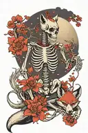 Skeleton and fox with red thread around it under the moon and sakura petals tattoo design idea