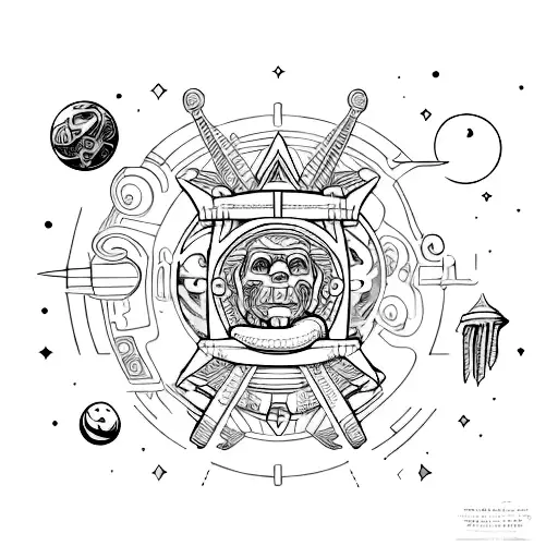 planetas interligado com monumentos históricos da terra como as pirâmides do Egito, Stonehenge, moais entre outros  tattoo design idea