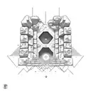 planetas interligado com monumentos históricos da terra como as pirâmides do Egito, Stonehenge, moais entre outros  tattoo design idea