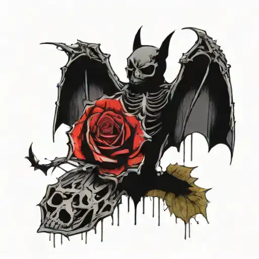 bat w exposed skeleton and heart inside, a large rose behind it blending with the wings. Black and gray, detailed shadin tattoo design idea