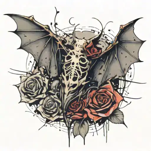 bat w exposed skeleton and heart inside, a large rose behind it blending with the wings. Black and gray, detailed shadin tattoo design idea