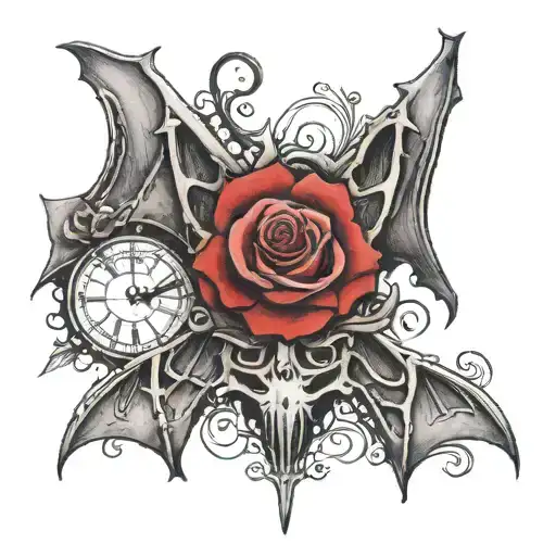 bat w exposed skeleton and heart inside, a large rose behind it blending with the wings. Black and gray, detailed shadin tattoo design idea