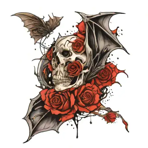 bat w exposed skeleton and heart inside, a large rose behind it blending with the wings. Black and gray, detailed shadin tattoo design idea