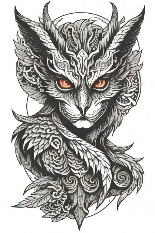 a sinister harpy with a Japanese devil mask tattoo design idea