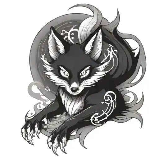 a black and white tattoo of demon fox with magical power inspired by Kitsune a demon of Japanes Tradiition. Other inspir tattoo design idea