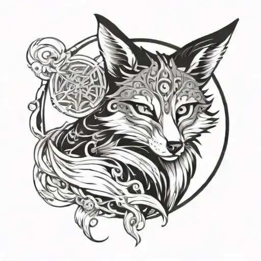 a black and white tattoo of demon fox with magical power inspired by Kitsune a demon of Japanes Tradiition. Other inspir tattoo design idea