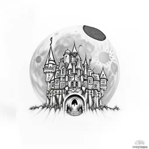 dark haunted castle, really detailed, moon at the top tattoo design idea