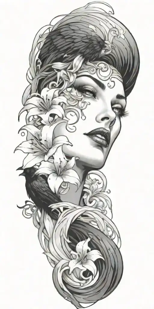 a raven flying and medusa's face staring with lilies crashing into 3 ocean waves tattoo design idea