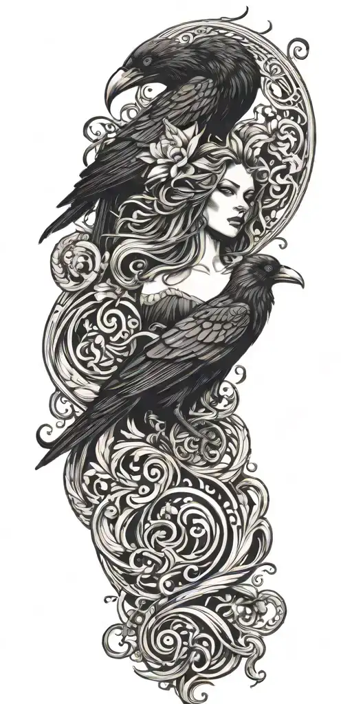 raven, medusa, lily, and waves tattoo design idea